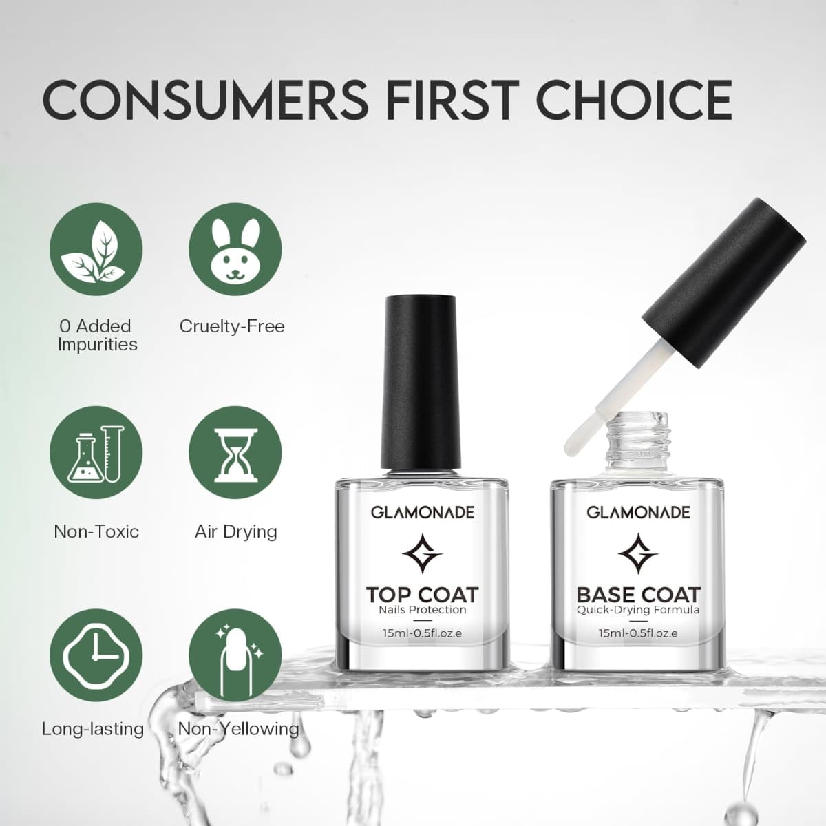 Glamonade Base Top Coat Nail Polish: Clear Quick Dry Nail Polish High Shine Long Lasting Glossy Regular Nail Lacquer Air Dry Fast Base Coat for Women Gift Nail Art Manicure Salon Quality thumbnail 2
