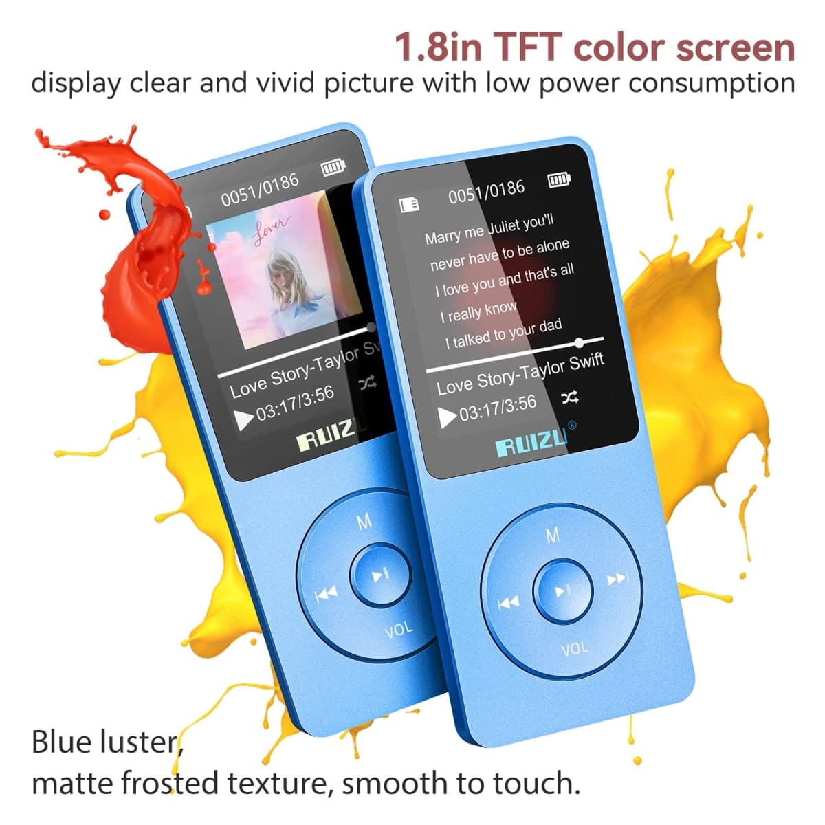 RUIZU 64GB MP3 Player with Bluetooth 5.3, Weight 0.055 lbs, Portable Music Player for Kids, Sports, FM Radio, Voice Recorder, 80 Hours Digital Audio Shuffle Playback, Support 128GB Micro SD Card, Blue thumbnail 3