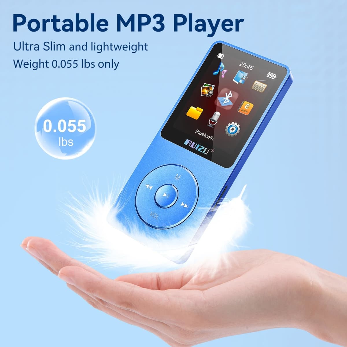 RUIZU 64GB MP3 Player with Bluetooth 5.3, Weight 0.055 lbs, Portable Music Player for Kids, Sports, FM Radio, Voice Recorder, 80 Hours Digital Audio Shuffle Playback, Support 128GB Micro SD Card, Blue thumbnail 4