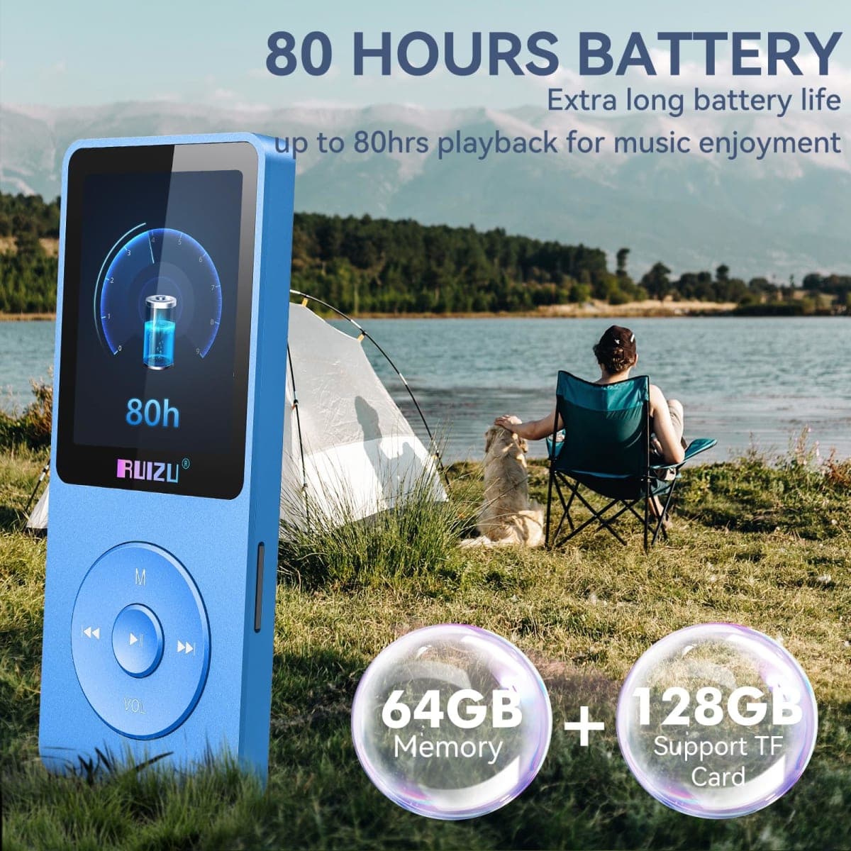 RUIZU 64GB MP3 Player with Bluetooth 5.3, Weight 0.055 lbs, Portable Music Player for Kids, Sports, FM Radio, Voice Recorder, 80 Hours Digital Audio Shuffle Playback, Support 128GB Micro SD Card, Blue thumbnail 5