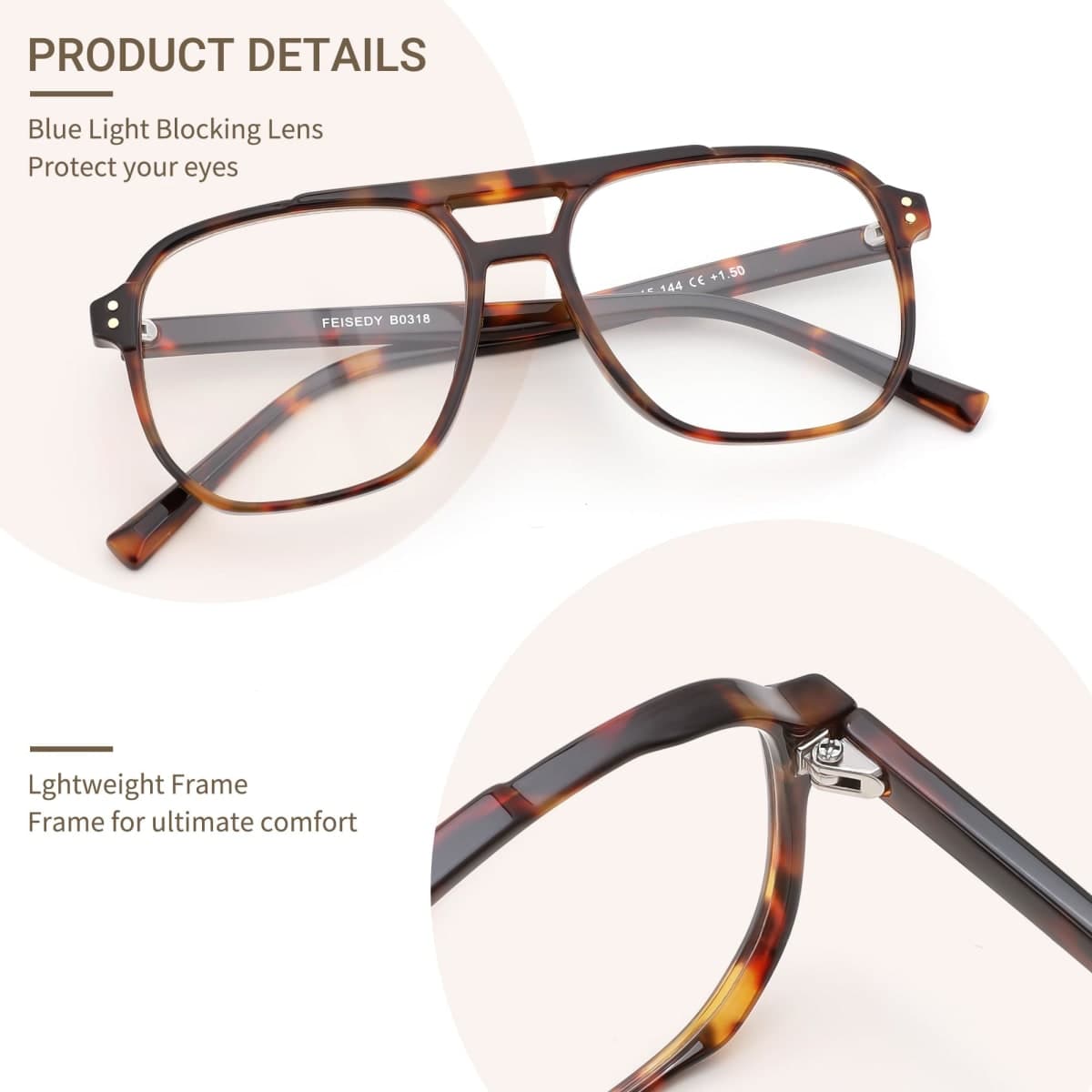 FEISEDY Blue Light Blocking Reading Glasses for Woman Men, Fashion Square Computer Lightweight Pilot Glasses, Anti Eyestrain Glare Readers B0318 Tortoise,1.5x thumbnail 4