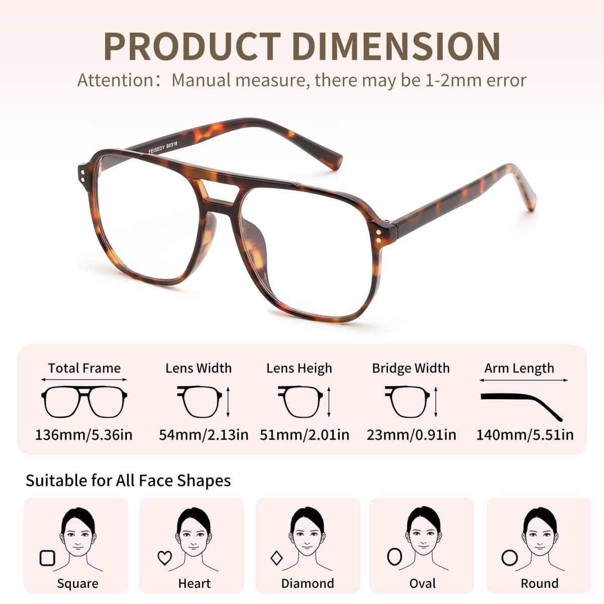 FEISEDY Blue Light Blocking Reading Glasses for Woman Men, Fashion Square Computer Lightweight Pilot Glasses, Anti Eyestrain Glare Readers B0318 Tortoise,1.5x thumbnail 5
