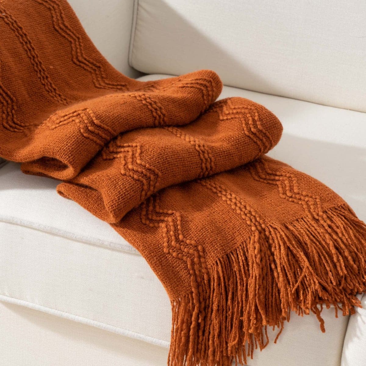 BATTILO HOME Caramel Throw Blanket with Fringe Geometric Bed Throws Spring Decorative Large Throw for Couch Sofa Indoor Outdoor (Caramel, 50 inch x60 inch)