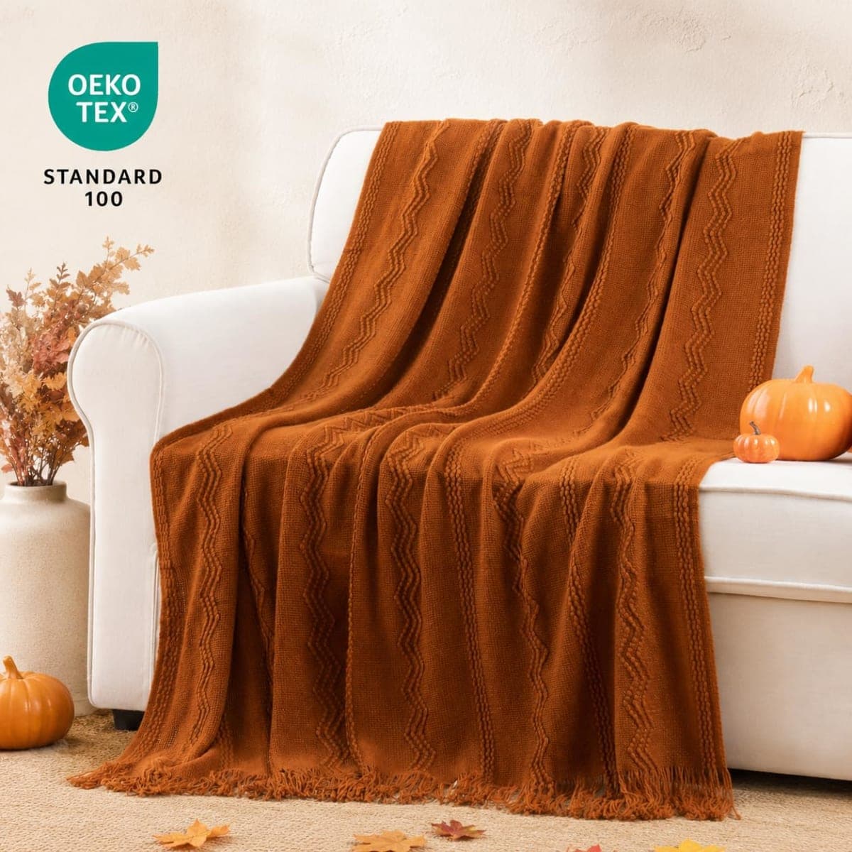 BATTILO HOME Caramel Throw Blanket with Fringe Geometric Bed Throws Spring Decorative Large Throw for Couch Sofa Indoor Outdoor (Caramel, 50 inch x60 inch) thumbnail 2