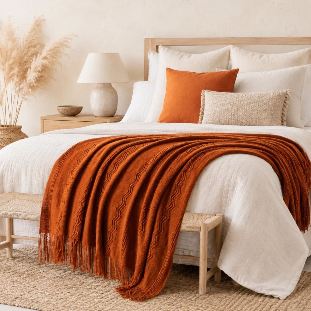 BATTILO HOME Caramel Throw Blanket with Fringe Geometric Bed Throws Spring Decorative Large Throw for Couch Sofa Indoor Outdoor (Caramel, 50 inch x60 inch) thumbnail 3