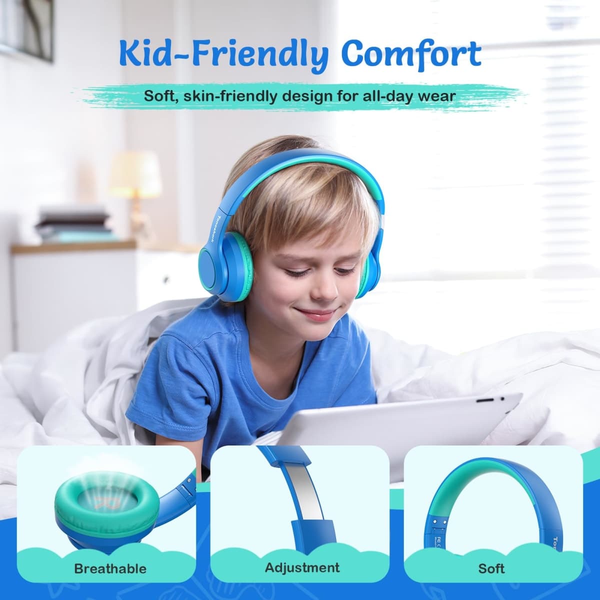 TONOSHARK Kids Wired Headphones with Microphone (Blue) thumbnail 2