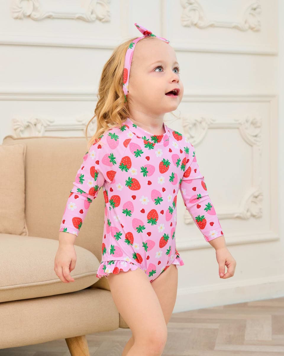 Baby Girl Swimsuit Long Sleeve One-Piece Swimwear with Hat Rash Guard Ruffle Floral Zipper Beach Infant Bathing Suit, Pink Strawberry, 12-18 Months thumbnail 2