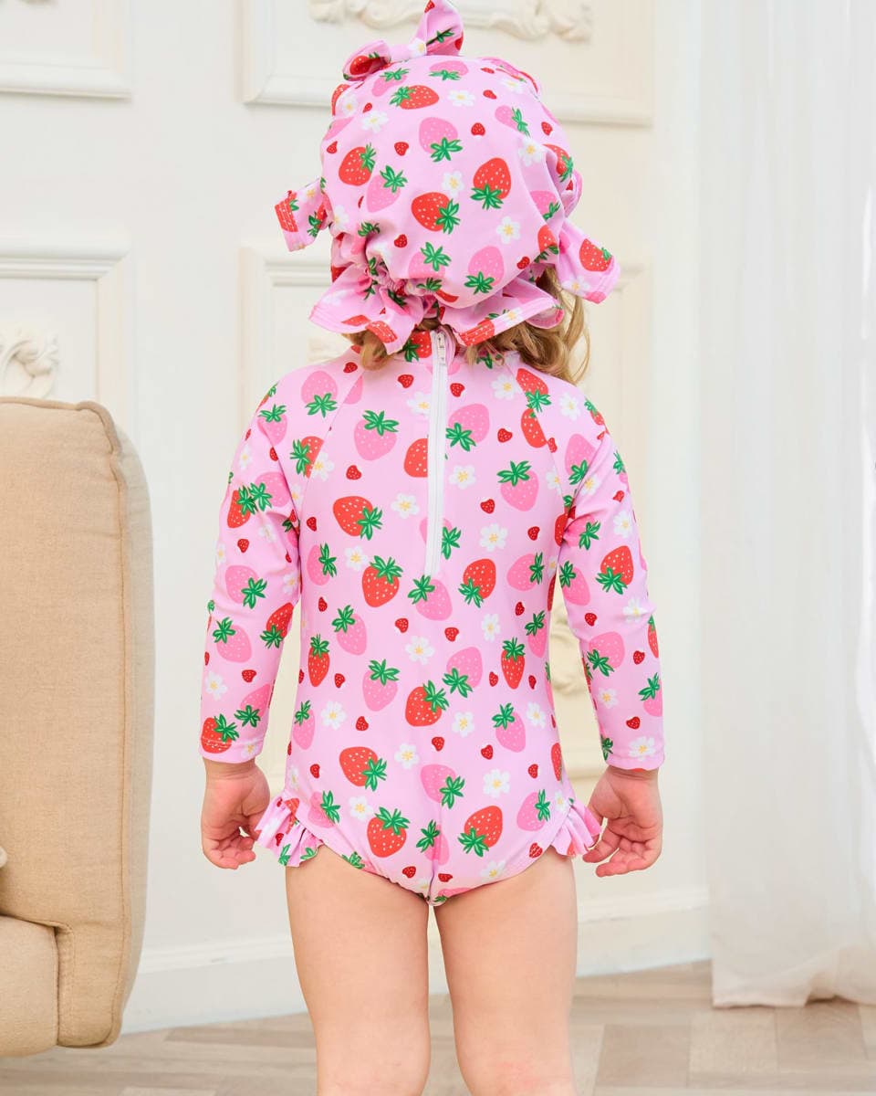 Baby Girl Swimsuit Long Sleeve One-Piece Swimwear with Hat Rash Guard Ruffle Floral Zipper Beach Infant Bathing Suit, Pink Strawberry, 12-18 Months thumbnail 3