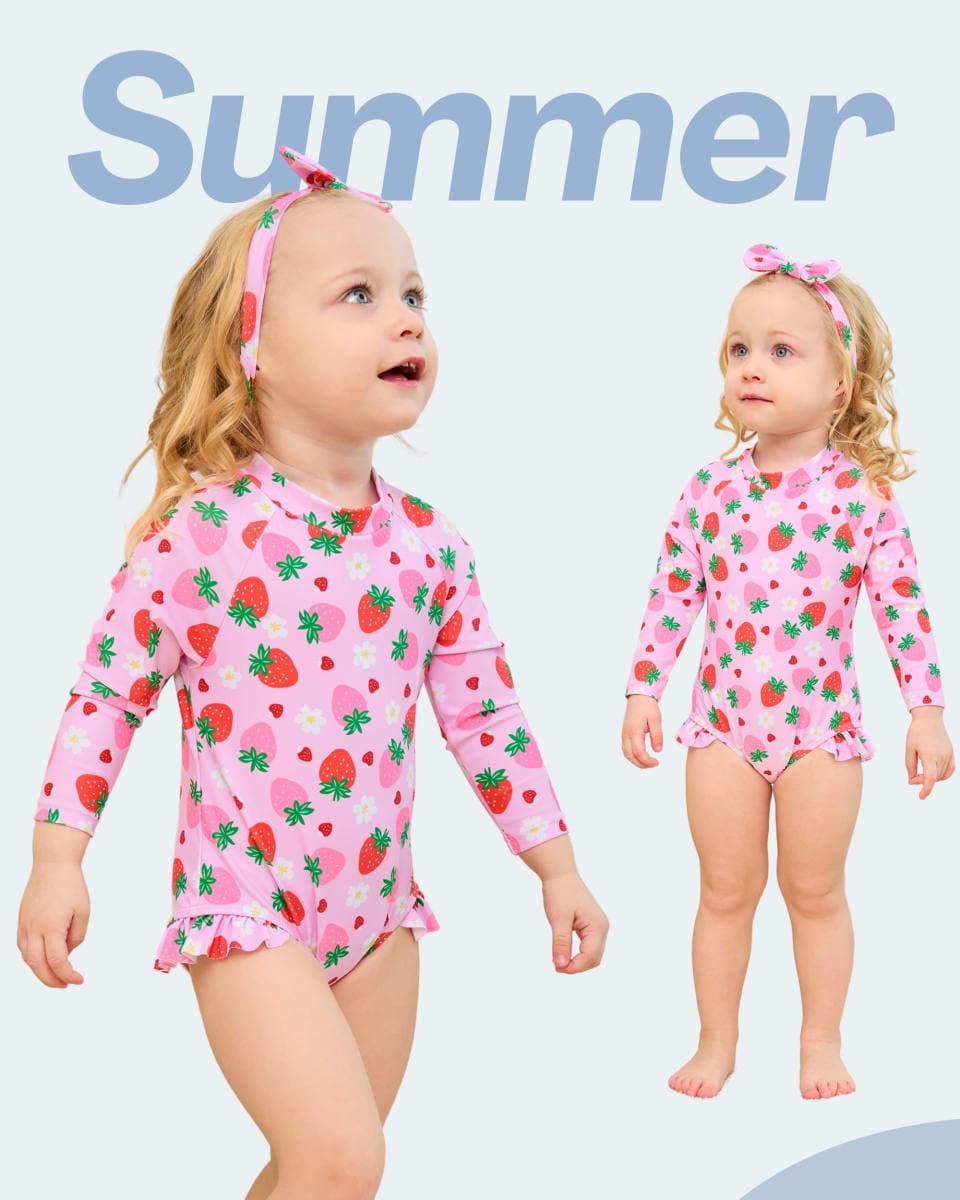 Baby Girl Swimsuit Long Sleeve One-Piece Swimwear with Hat Rash Guard Ruffle Floral Zipper Beach Infant Bathing Suit, Pink Strawberry, 12-18 Months thumbnail 4