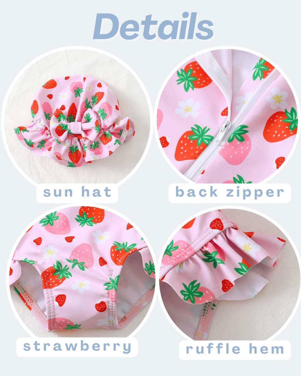 Baby Girl Swimsuit Long Sleeve One-Piece Swimwear with Hat Rash Guard Ruffle Floral Zipper Beach Infant Bathing Suit, Pink Strawberry, 12-18 Months thumbnail 5