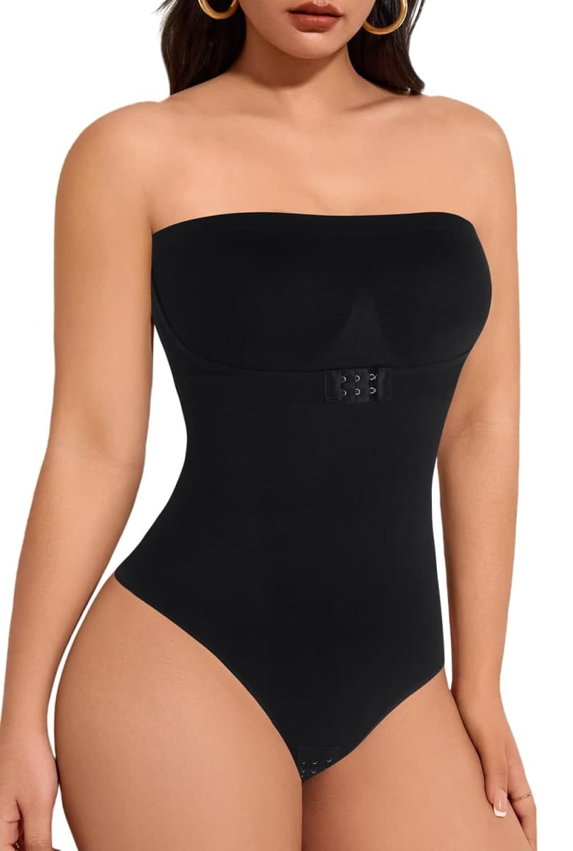 Sawwing Strapless Tummy Control Shapewear Bodysuit for Women - Seamless Snatched Waist Thong Body Shaper Postpartum Slimming, Black, Small — image 1