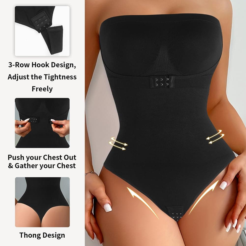 Sawwing Strapless Tummy Control Shapewear Bodysuit for Women - Seamless Snatched Waist Thong Body Shaper Postpartum Slimming, Black, Small thumbnail 3