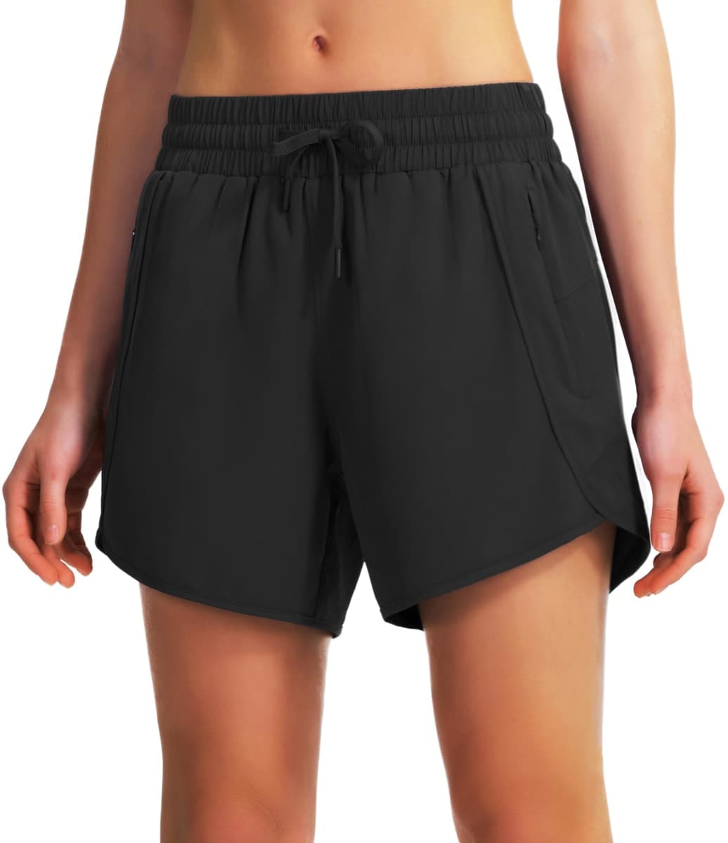 Ksmien Women's 5"/ 7" Athletic Running Shorts Quick Dry Lightweight Workout Gym Shorts with Zipper Pockets UPF 50+ Black M thumbnail 4