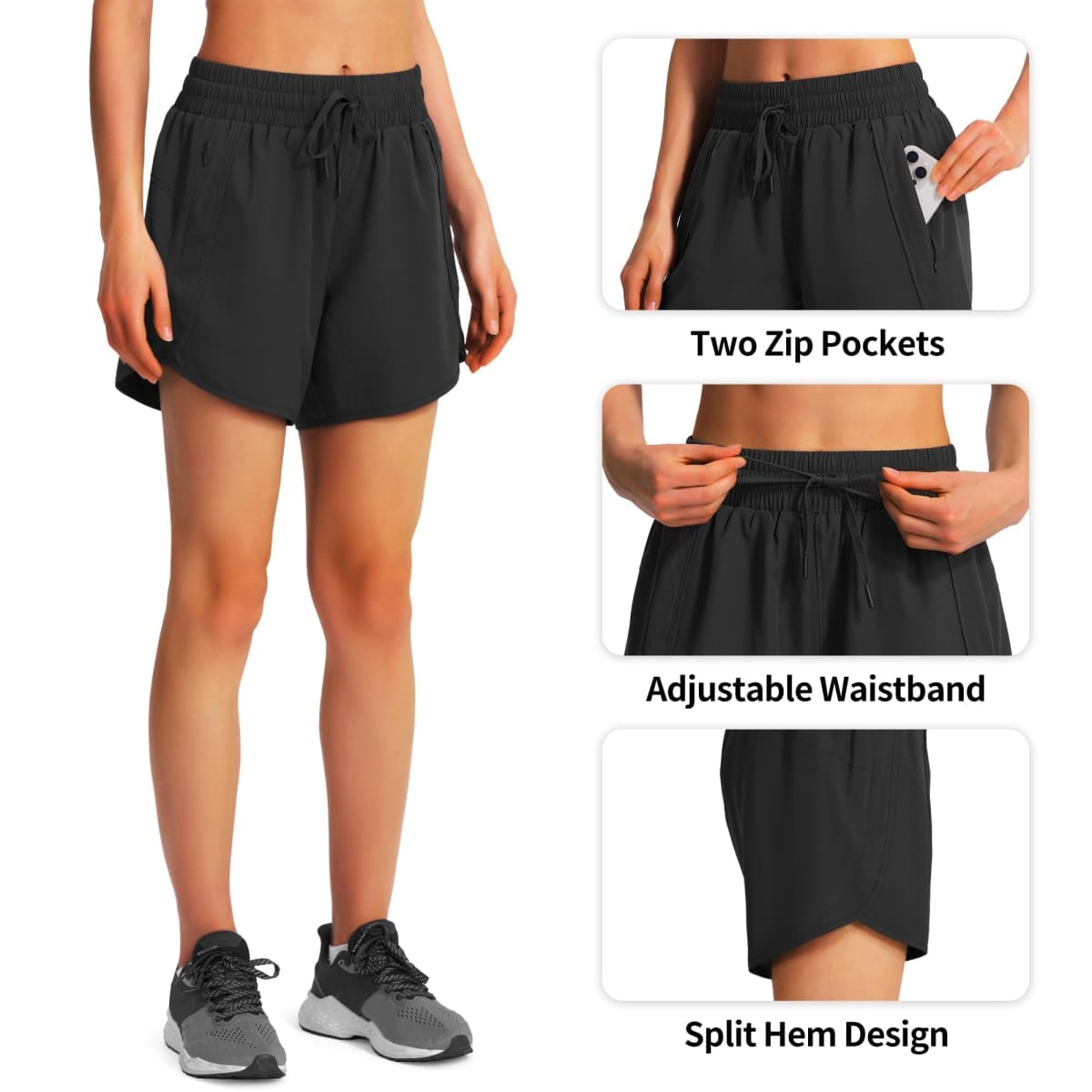 Ksmien Women's 5"/ 7" Athletic Running Shorts Quick Dry Lightweight Workout Gym Shorts with Zipper Pockets UPF 50+ Black M thumbnail 5