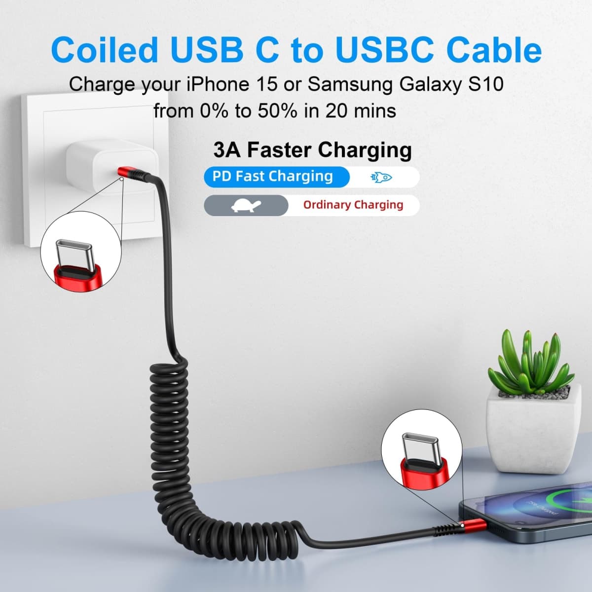KIYODA USB C to USB C Cable 6ft, 2Pack Coiled USBC Charger Cable for Car, Type C Fast Charging Compatible with iPhone 17/16/15/Plus/Pro/Pro Max/MacBook Pro 2020/iPad Pro 2020/Samsung Galaxy S23-Red thumbnail 2