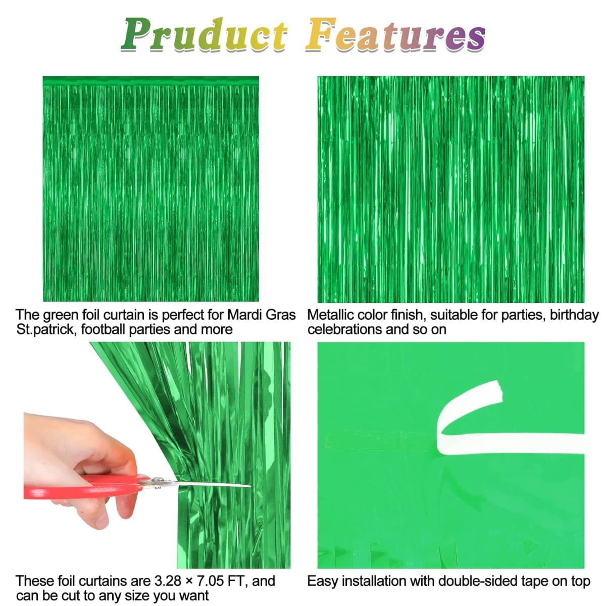 ZATAYE 2 Pack Green Metallic Football Party Decorarions, 3.28 FT x 7.05 FT Tinsel Curtains Streamer Backdrop, Game Day Decorations thumbnail 4