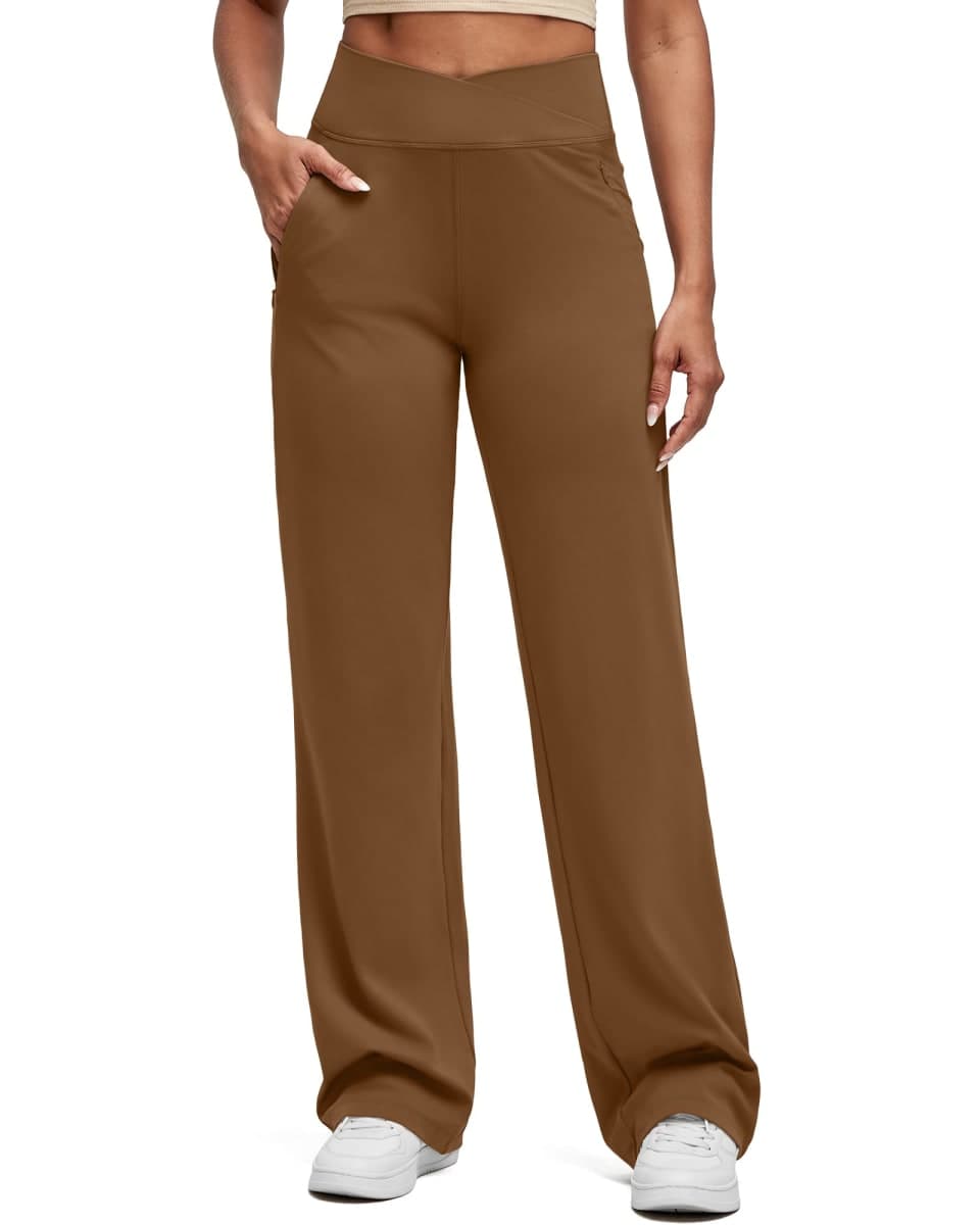 G4Free BareFeel High Stretch Women Wide Leg Yoga Pants Cross Waist Casual Trousers with Zipper Pockets 29"/31"/33", Dark Coffee, X-Small Tall thumbnail 2