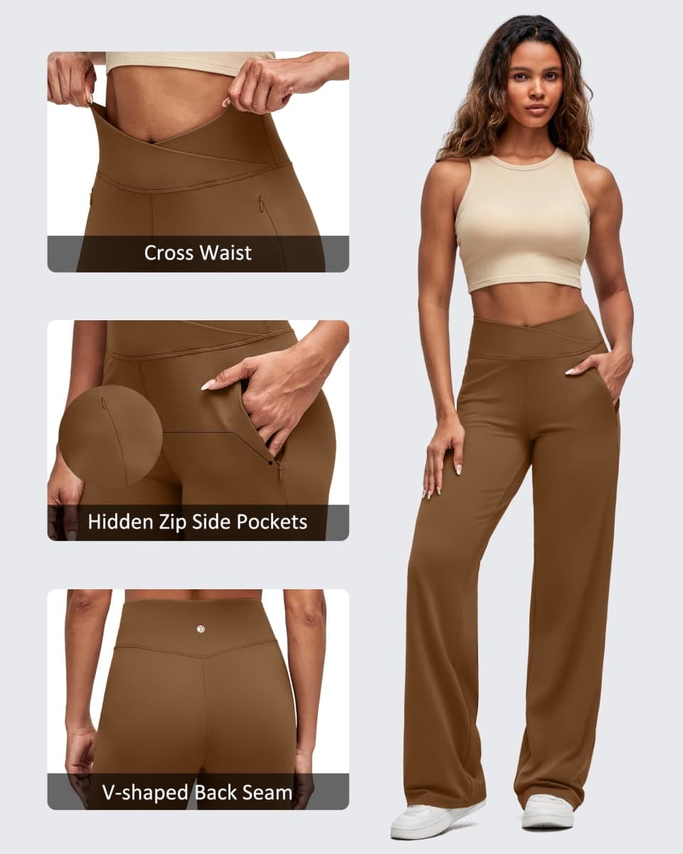 G4Free BareFeel High Stretch Women Wide Leg Yoga Pants Cross Waist Casual Trousers with Zipper Pockets 29"/31"/33", Dark Coffee, X-Small Tall thumbnail 5