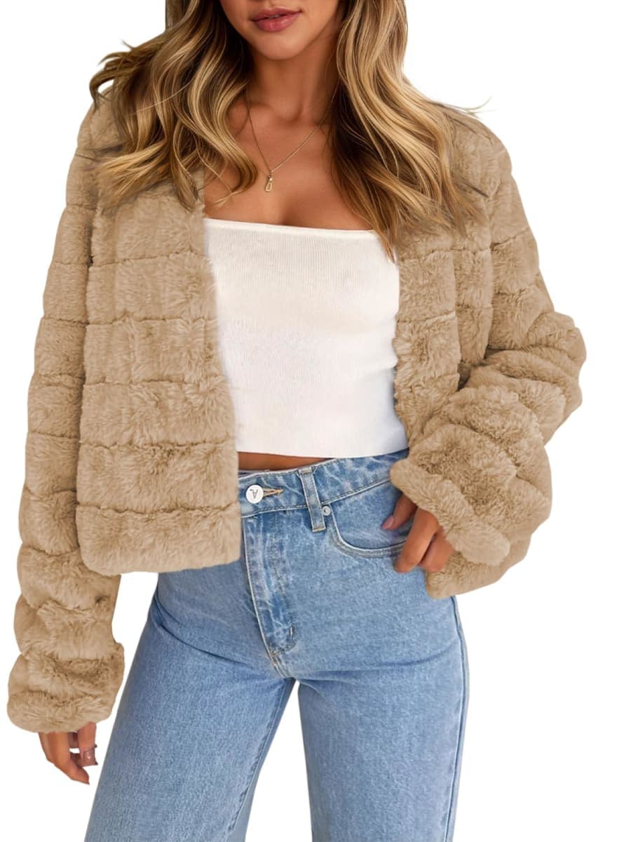 Fisoew Womens Cropped Faux Fur Jackets Long Sleeve Open Front Fluffy Short Coats, Coffee, Medium — image 1