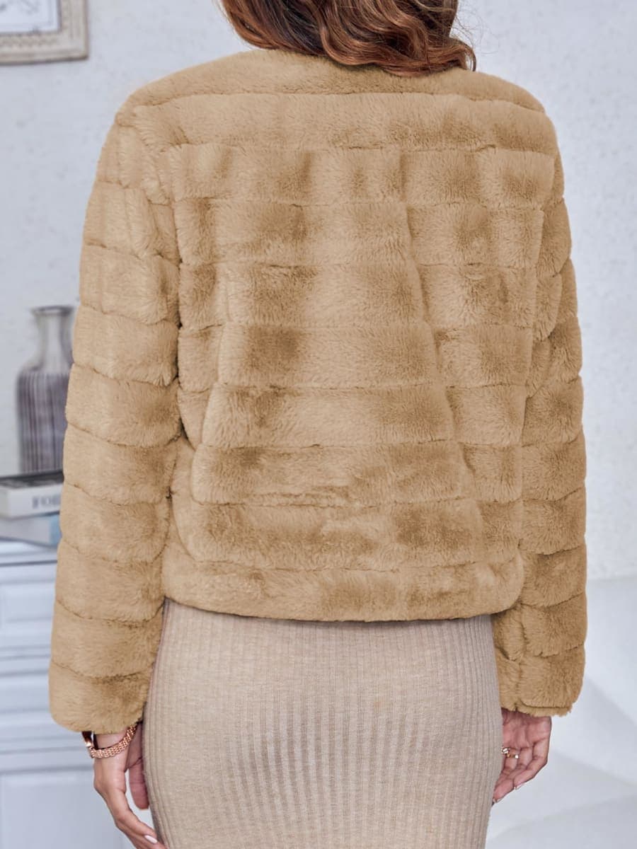Fisoew Womens Cropped Faux Fur Jackets Long Sleeve Open Front Fluffy Short Coats, Coffee, Medium thumbnail 2