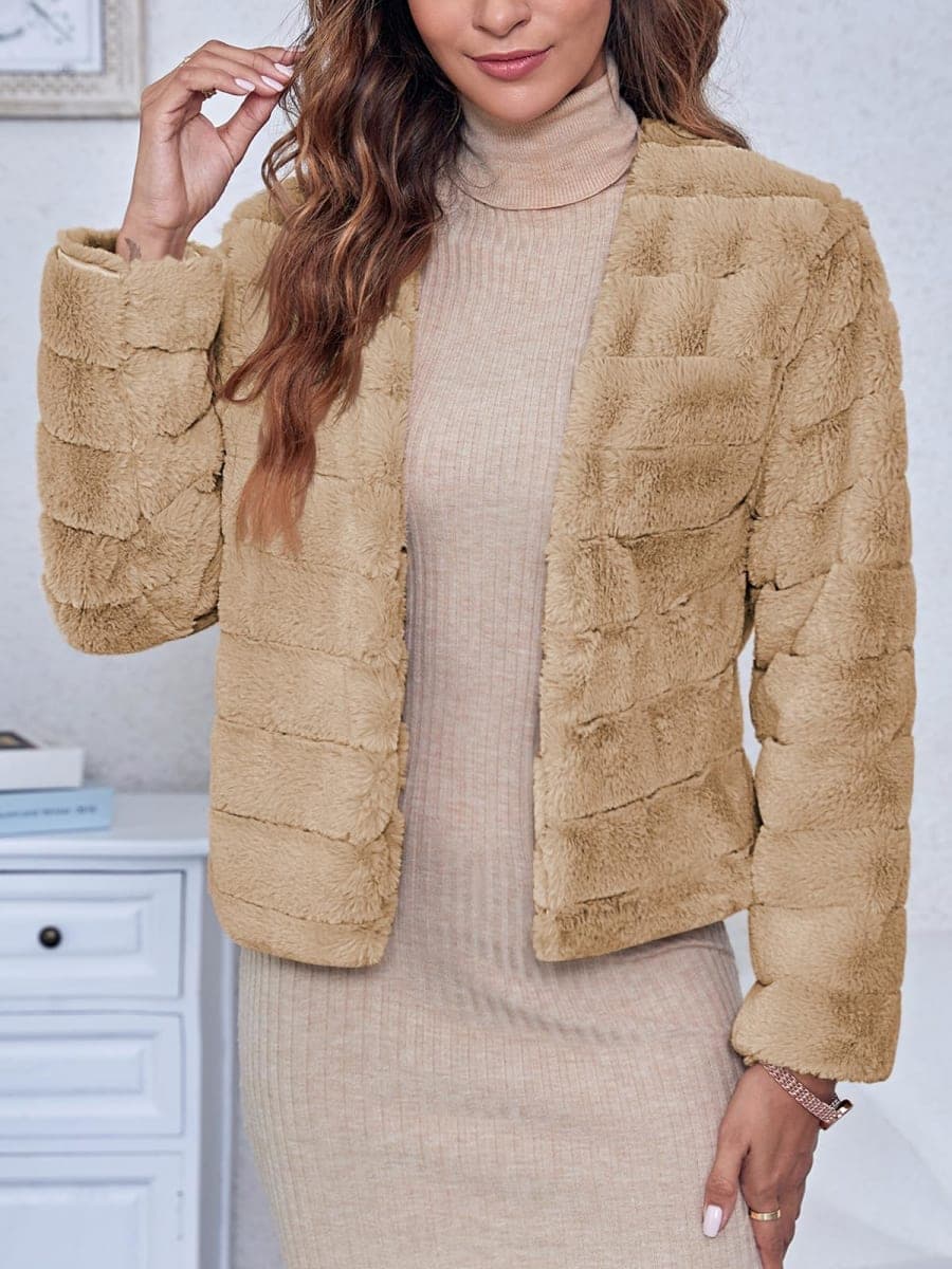 Fisoew Womens Cropped Faux Fur Jackets Long Sleeve Open Front Fluffy Short Coats, Coffee, Medium thumbnail 3