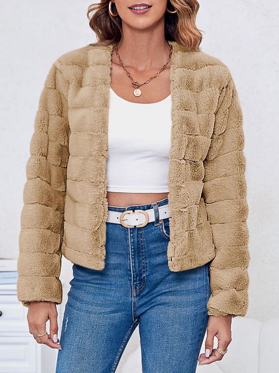 Fisoew Womens Cropped Faux Fur Jackets Long Sleeve Open Front Fluffy Short Coats, Coffee, Medium thumbnail 4
