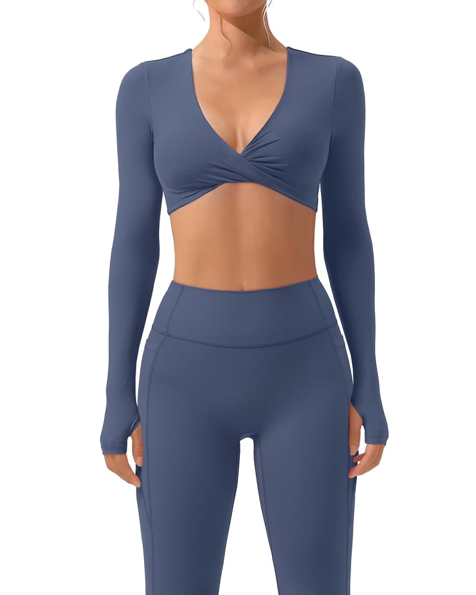 SUUKSESS Women 2 Piece Workout Sets Long Sleeve Twist Deep V Crop Padded Tops Yoga Leggings with Side Pockets, Red, Small thumbnail 2