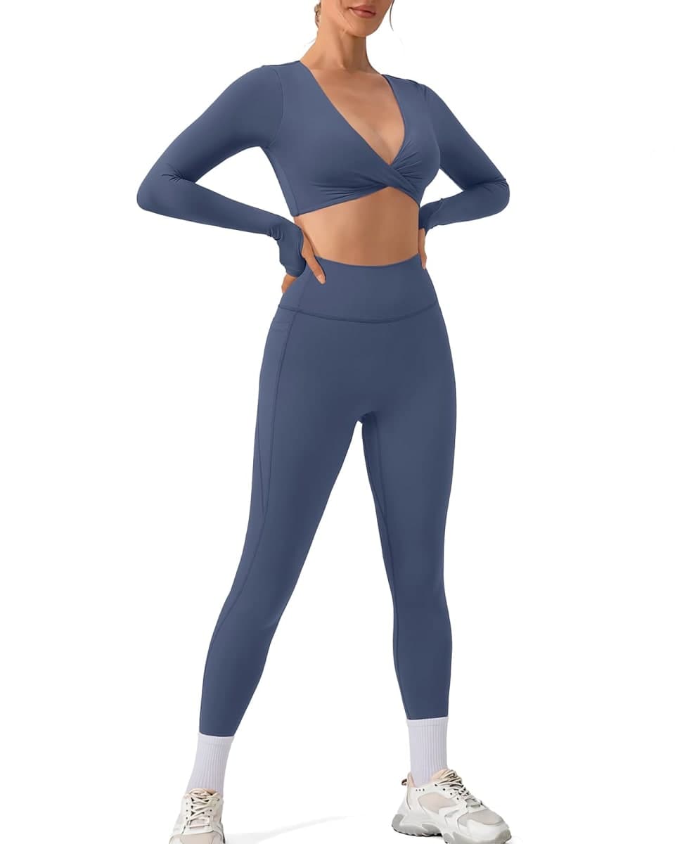 SUUKSESS Women 2 Piece Workout Sets Long Sleeve Twist Deep V Crop Padded Tops Yoga Leggings with Side Pockets, Red, Small thumbnail 3