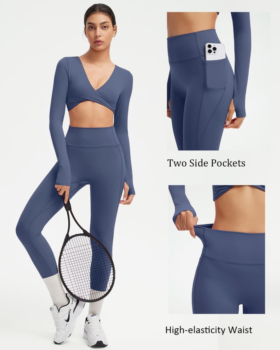 SUUKSESS Women 2 Piece Workout Sets Long Sleeve Twist Deep V Crop Padded Tops Yoga Leggings with Side Pockets, Red, Small thumbnail 4