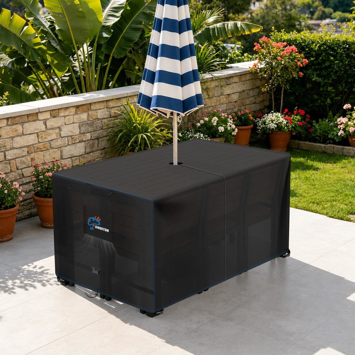 SIRUITON Rectangle Patio Table Cover with Umbrella Hole 72" L X 44" W X 23.6" H (COVER SIZE，NOT TABLE SIZE) Heavy Duty 600D Oxford Fabric Outdoor Waterproof Lawn Patio Furniture Covers thumbnail 2