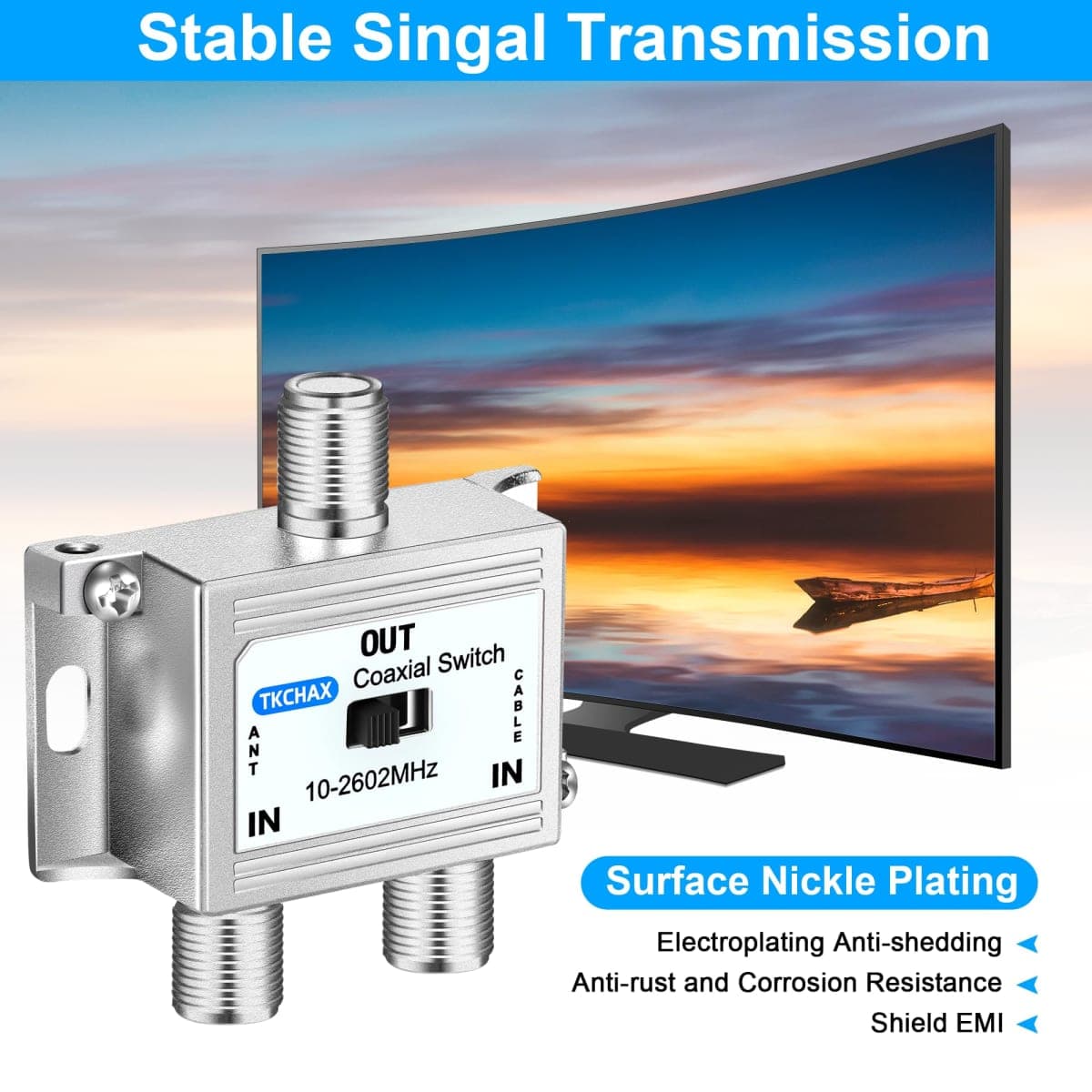 TKCHAX 2 Way Coaxial Cable AB Switch 10-2602MHz with Nickel Plated Connectors,RG59 RG6 Compatible,Work with HDTV, Satellite TV,Antenna System and Video Games thumbnail 3