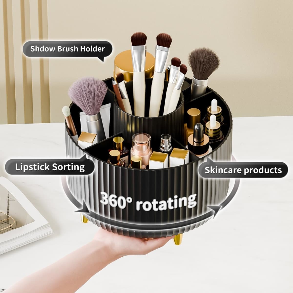 Fanado 360° Rotate Makeup Brush Holder Organizer, Modern Black Makeup Organizer with 5 Compartments for Vanity, Desktop, Bathroom thumbnail 2