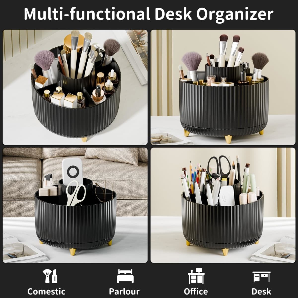 Fanado 360° Rotate Makeup Brush Holder Organizer, Modern Black Makeup Organizer with 5 Compartments for Vanity, Desktop, Bathroom thumbnail 3