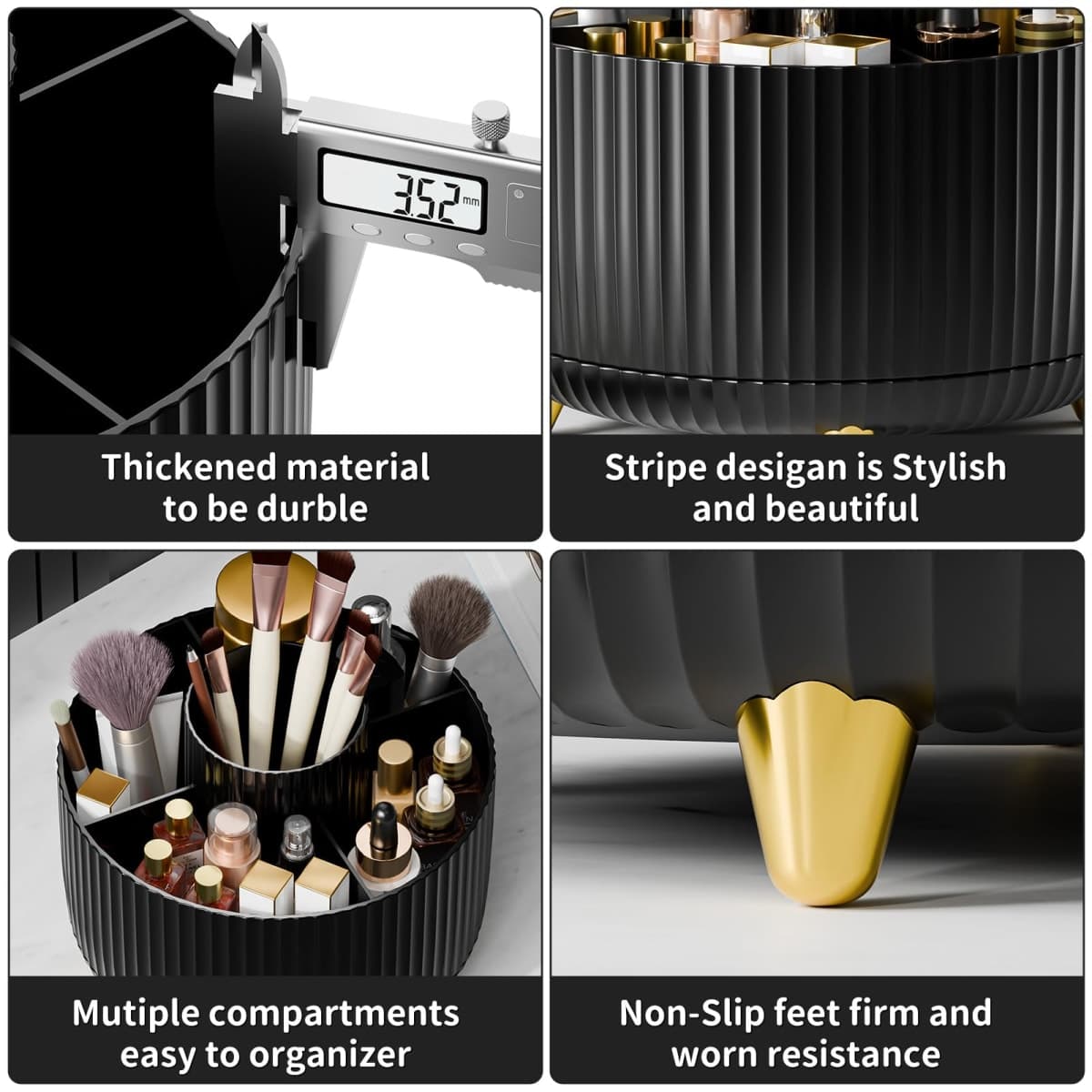 Fanado 360° Rotate Makeup Brush Holder Organizer, Modern Black Makeup Organizer with 5 Compartments for Vanity, Desktop, Bathroom thumbnail 4