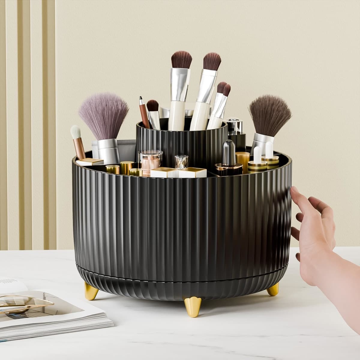 Fanado 360° Rotate Makeup Brush Holder Organizer, Modern Black Makeup Organizer with 5 Compartments for Vanity, Desktop, Bathroom thumbnail 5