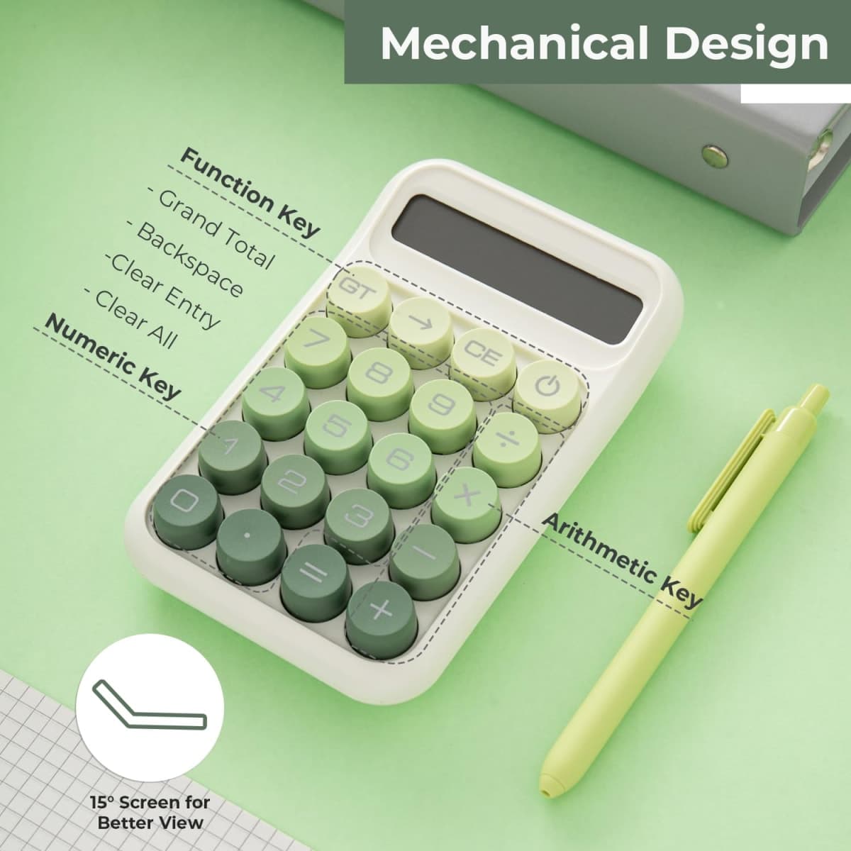 Y YOMA 1 Pack Mechanical Switch Calculator with 10 Digit Large LCD Display Big Button, Mini Cute Desktop Calculator 4 Function Basic Calculators for School Home Office Business, Leaf Green thumbnail 2