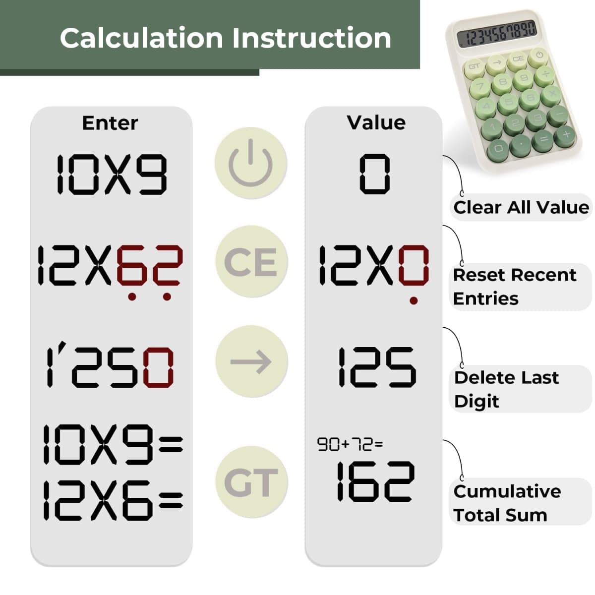 Y YOMA 1 Pack Mechanical Switch Calculator with 10 Digit Large LCD Display Big Button, Mini Cute Desktop Calculator 4 Function Basic Calculators for School Home Office Business, Leaf Green thumbnail 3