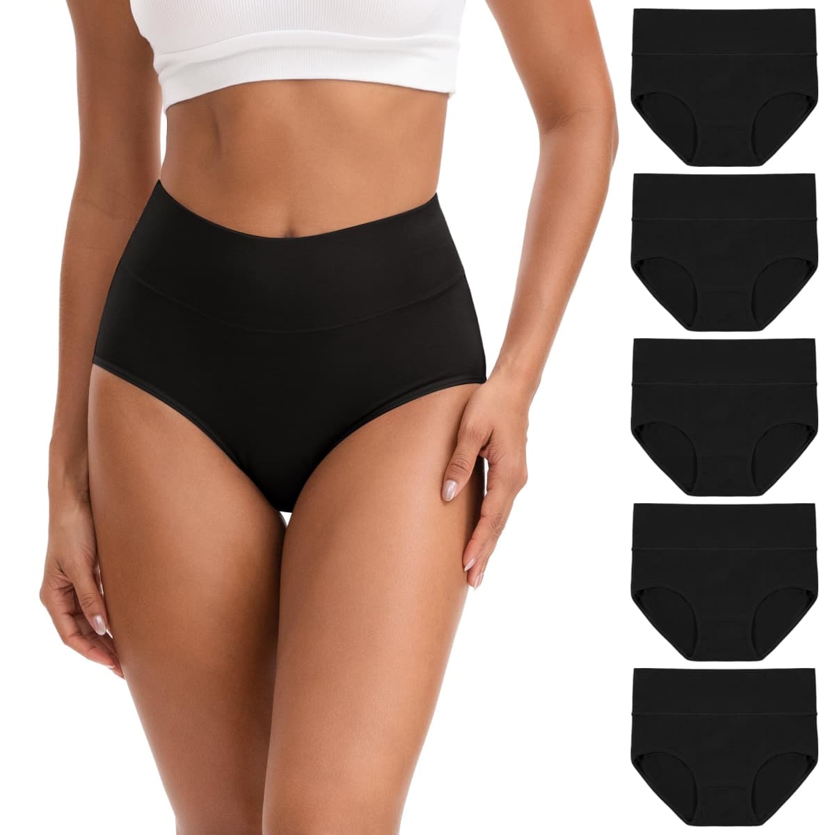 INNERSY Women's High Waisted Underwear Cotton Panties Regular & Plus Size 5-Pack, Solid Black, Small