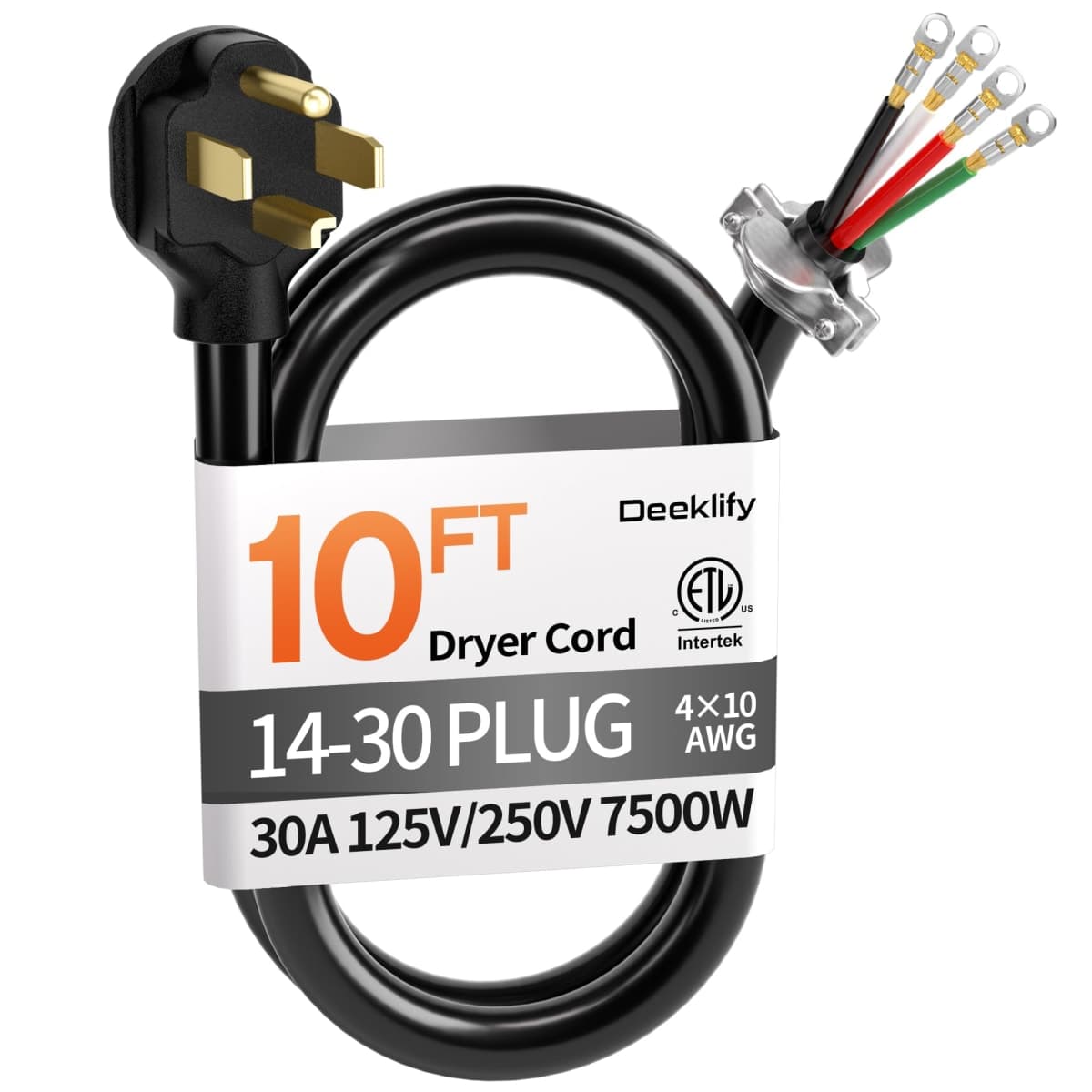 Deeklify 10 ft 4 Prong Dryer Cord, 30Amp 10 Gauge Dryer Power Cord Replacement, Pure Copper 4-Wire Dryer Cord with NEMA 14-30P Plug and O-Ring Terminals, 250V 7500W, ETL Listed, Black SRDT — image 1