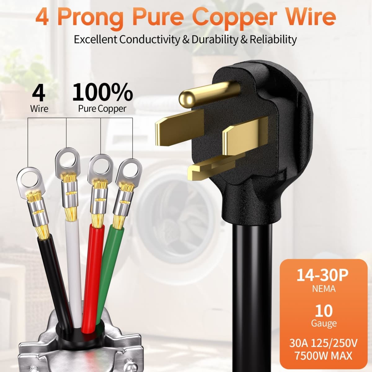 Deeklify 10 ft 4 Prong Dryer Cord, 30Amp 10 Gauge Dryer Power Cord Replacement, Pure Copper 4-Wire Dryer Cord with NEMA 14-30P Plug and O-Ring Terminals, 250V 7500W, ETL Listed, Black SRDT thumbnail 2