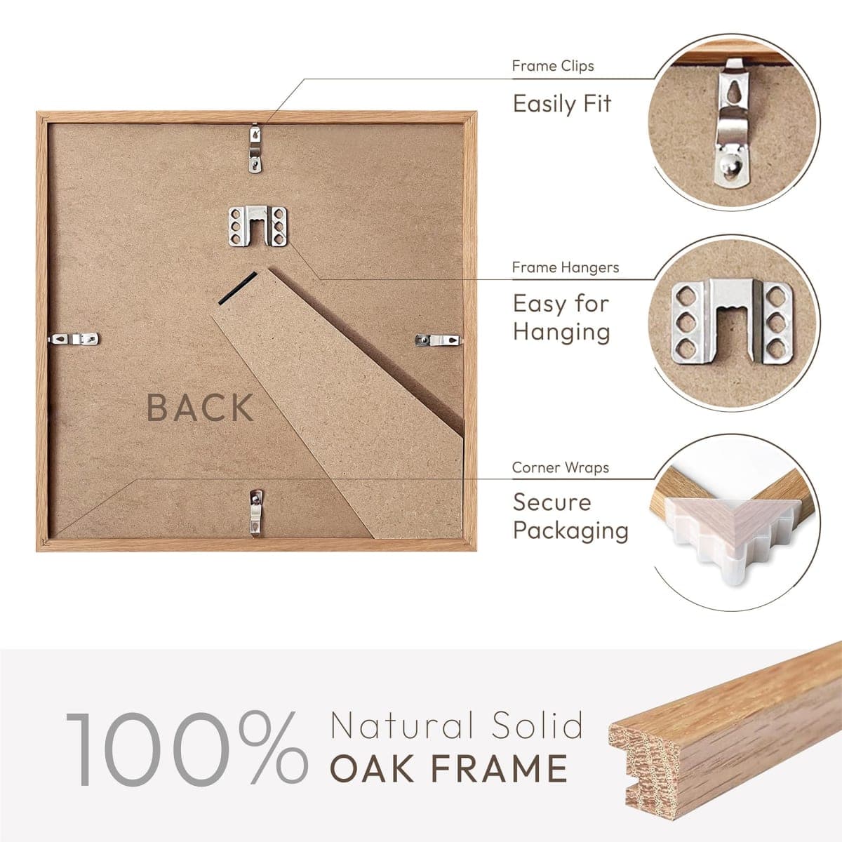 8x8 Picture Frame, Solid Oak Wood 8x8 photo Frame with Mat to 4x4(Openning Size is 3.5x3.5), Natural Oak 8x8 Picture Frames for Wall and Tabletop Display, Set of 1 thumbnail 4