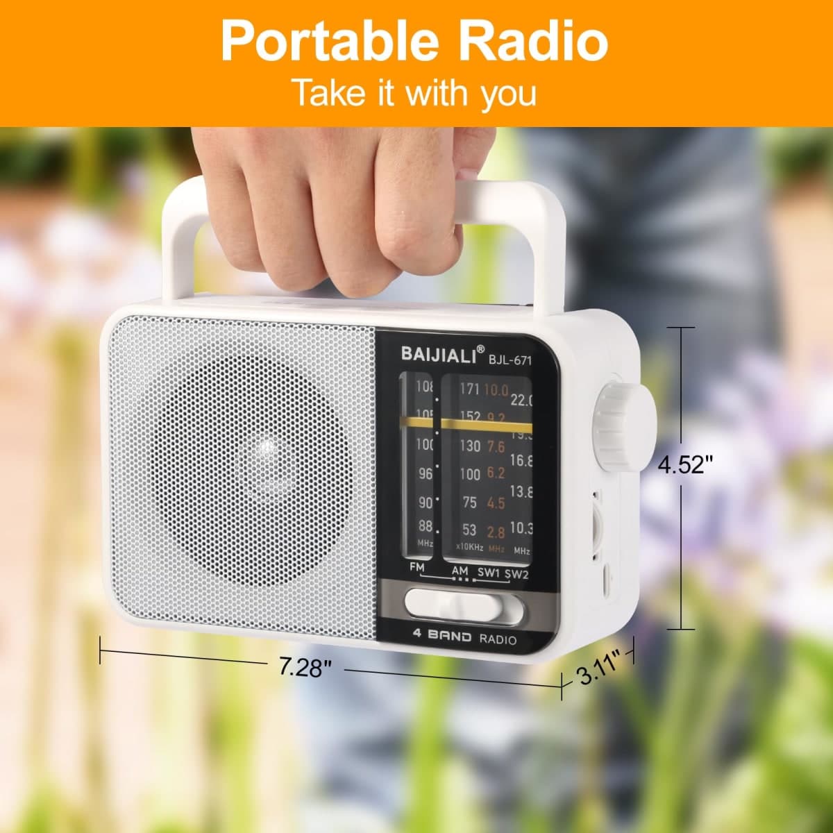 BAIJIALI AM FM SW Portable Radio - Dual Power (Battery/USB) Emergency Receiver with Loudspeaker, Transistor Design for Indoor/Outdoor, Travel & Survival Kit Ready (White, BJL-671) thumbnail 2