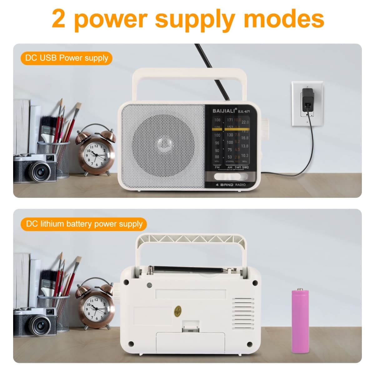 BAIJIALI AM FM SW Portable Radio - Dual Power (Battery/USB) Emergency Receiver with Loudspeaker, Transistor Design for Indoor/Outdoor, Travel & Survival Kit Ready (White, BJL-671) thumbnail 4