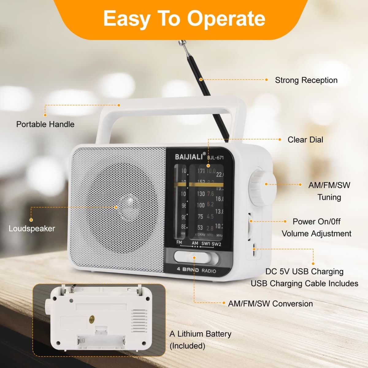 BAIJIALI AM FM SW Portable Radio - Dual Power (Battery/USB) Emergency Receiver with Loudspeaker, Transistor Design for Indoor/Outdoor, Travel & Survival Kit Ready (White, BJL-671) thumbnail 5