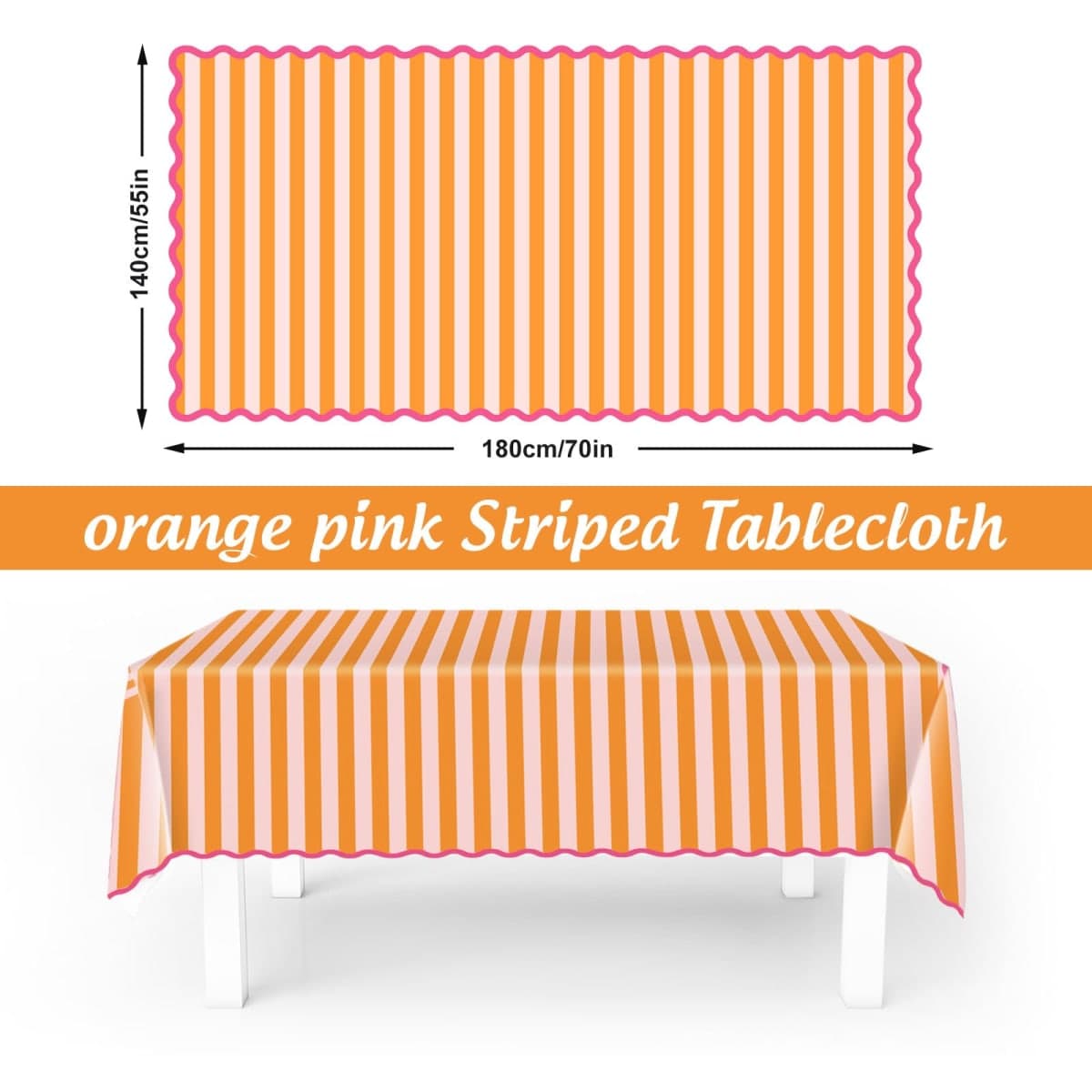 Whaline Scalloped Edge Tablecloth, Orange Pink Striped, 55 x 70 Inch thumbnail 2