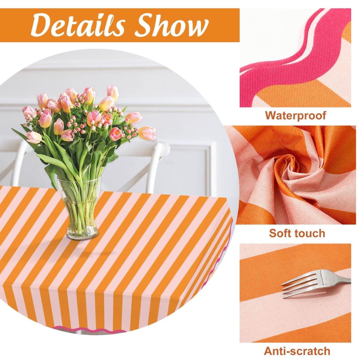 Whaline Scalloped Edge Tablecloth, Orange Pink Striped, 55 x 70 Inch thumbnail 3