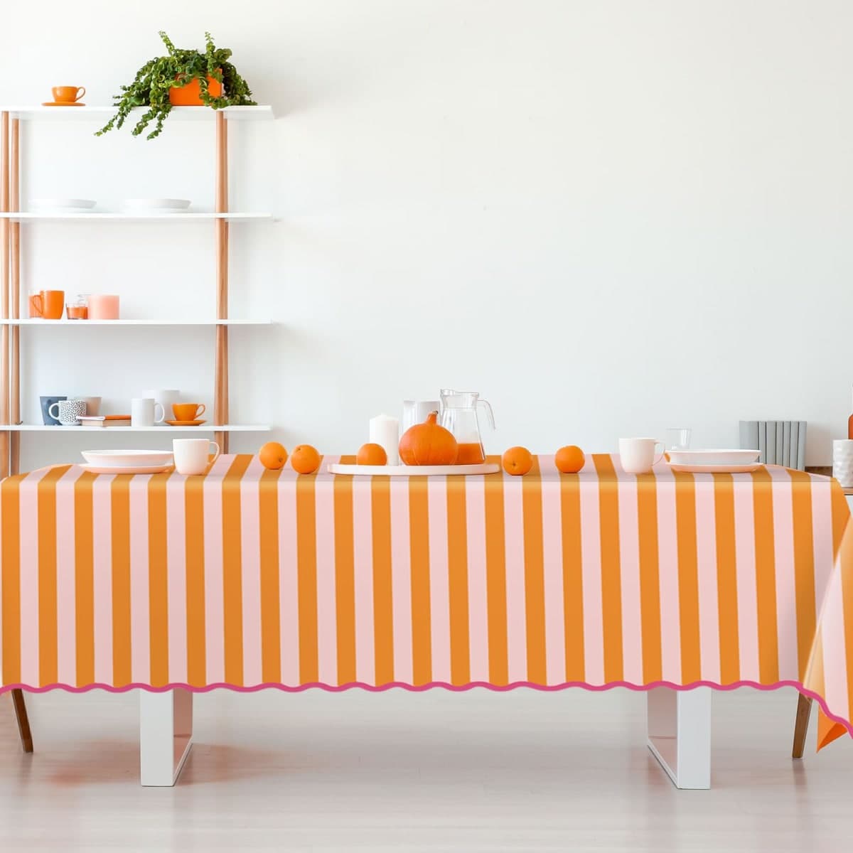 Whaline Scalloped Edge Tablecloth, Orange Pink Striped, 55 x 70 Inch thumbnail 4