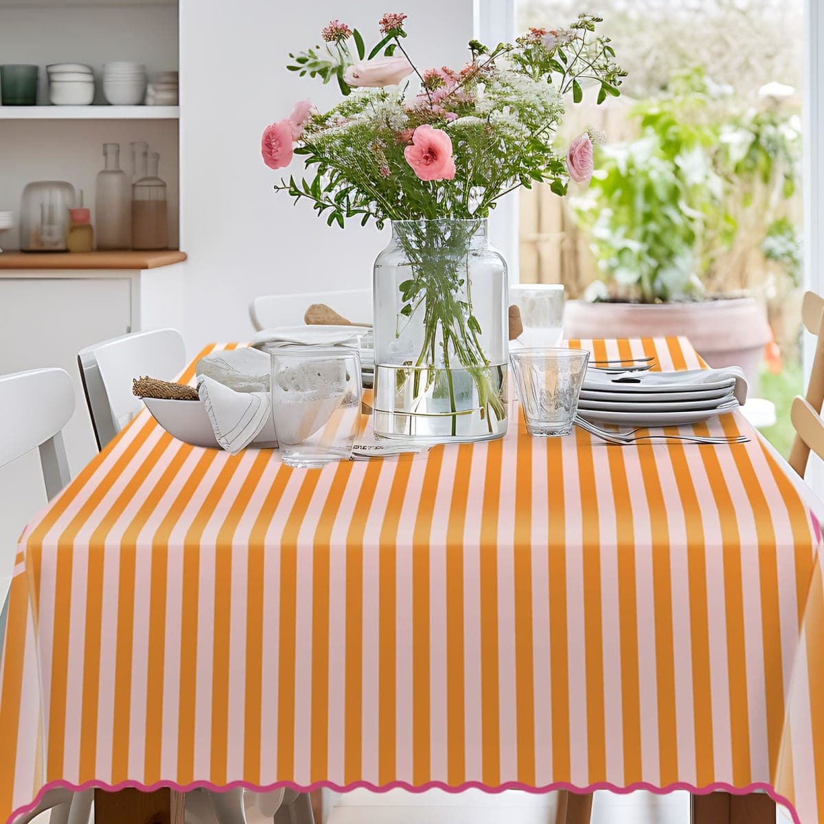 Whaline Scalloped Edge Tablecloth, Orange Pink Striped, 55 x 70 Inch thumbnail 5