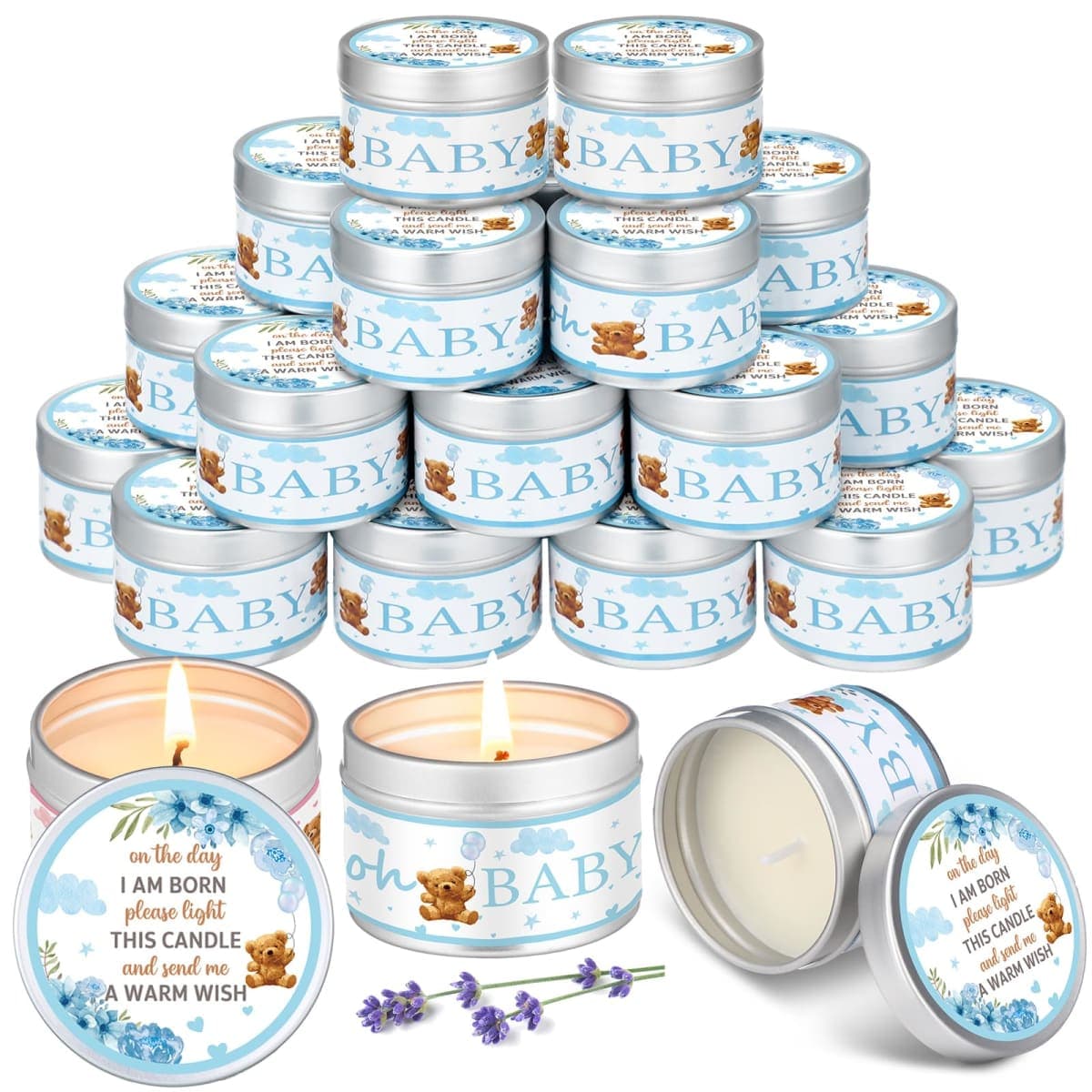 MTLEE Bear 24 Pcs Baby Shower Party Favors Candles Lavender Scented Baby Shower Favors for Guests Rustic Tealights Candles Gender Reveal Return Gifts(Blue, 1.2 oz) — image 1