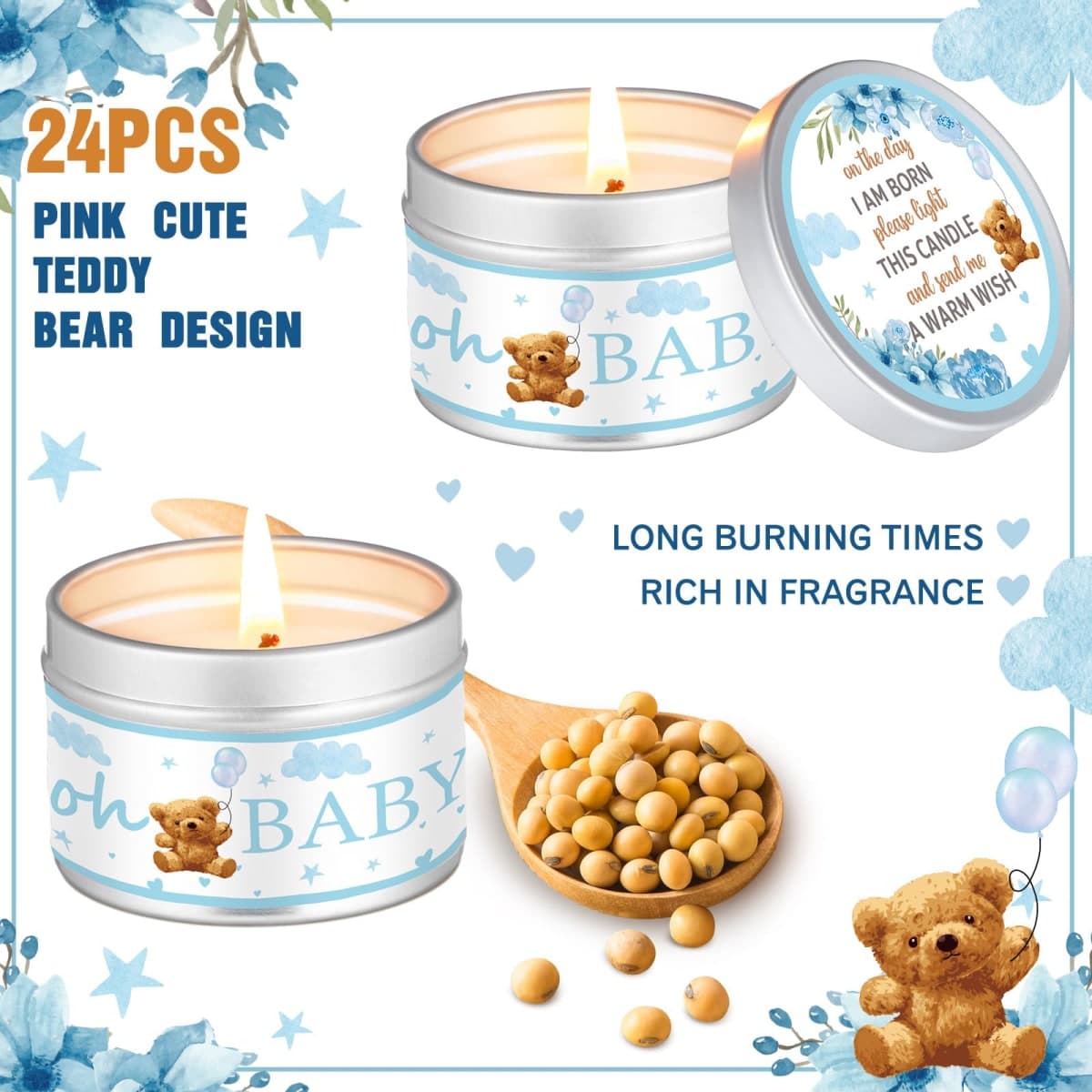 MTLEE Bear 24 Pcs Baby Shower Party Favors Candles Lavender Scented Baby Shower Favors for Guests Rustic Tealights Candles Gender Reveal Return Gifts(Blue, 1.2 oz) thumbnail 3